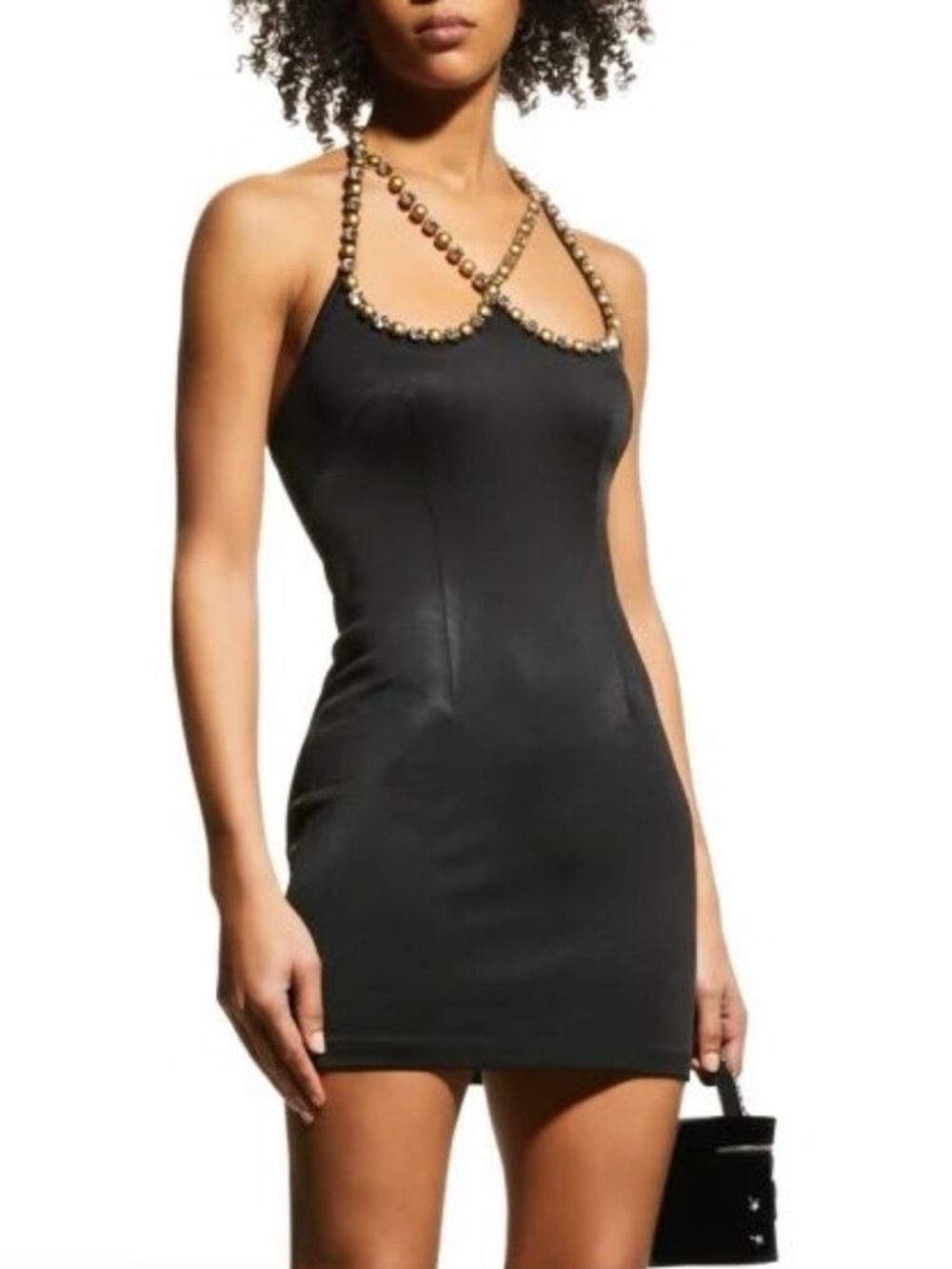 Area Crystal Dome Heart Halter Mini Dress Black